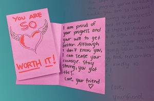 A close-up of a Valentine’s card on purple paper; on the cover is a hand-drawn heart with wings and the words “You are so worth it!”, while the handwritten text inside encourages the reader to be brave and continue to improve